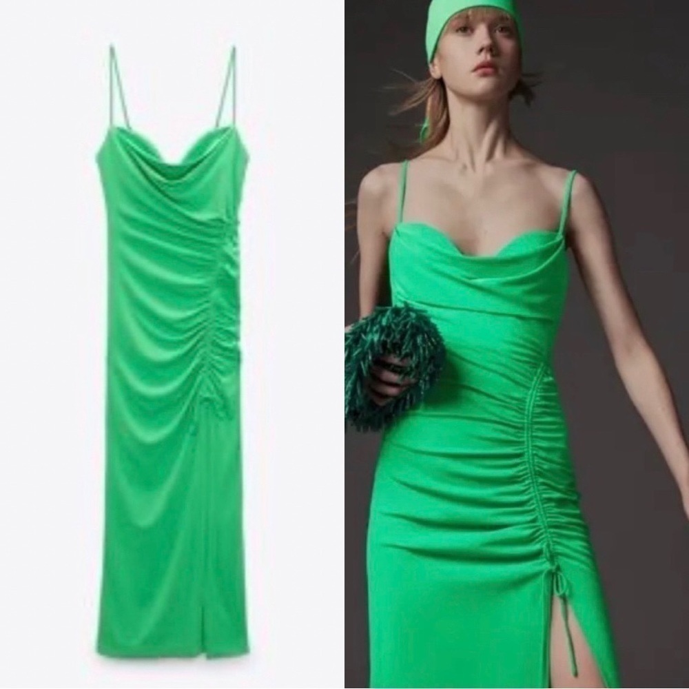 NWT ZARA Ruched Bodycon Midi Green Dress Sz M